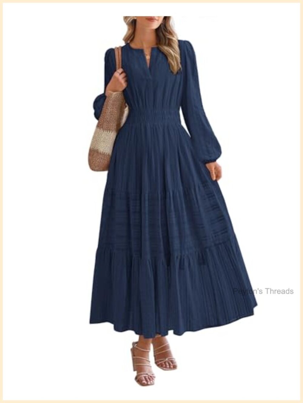 Womens Long Sleeve V Neck Tiered Ruffle Maxi Dress with Pockets